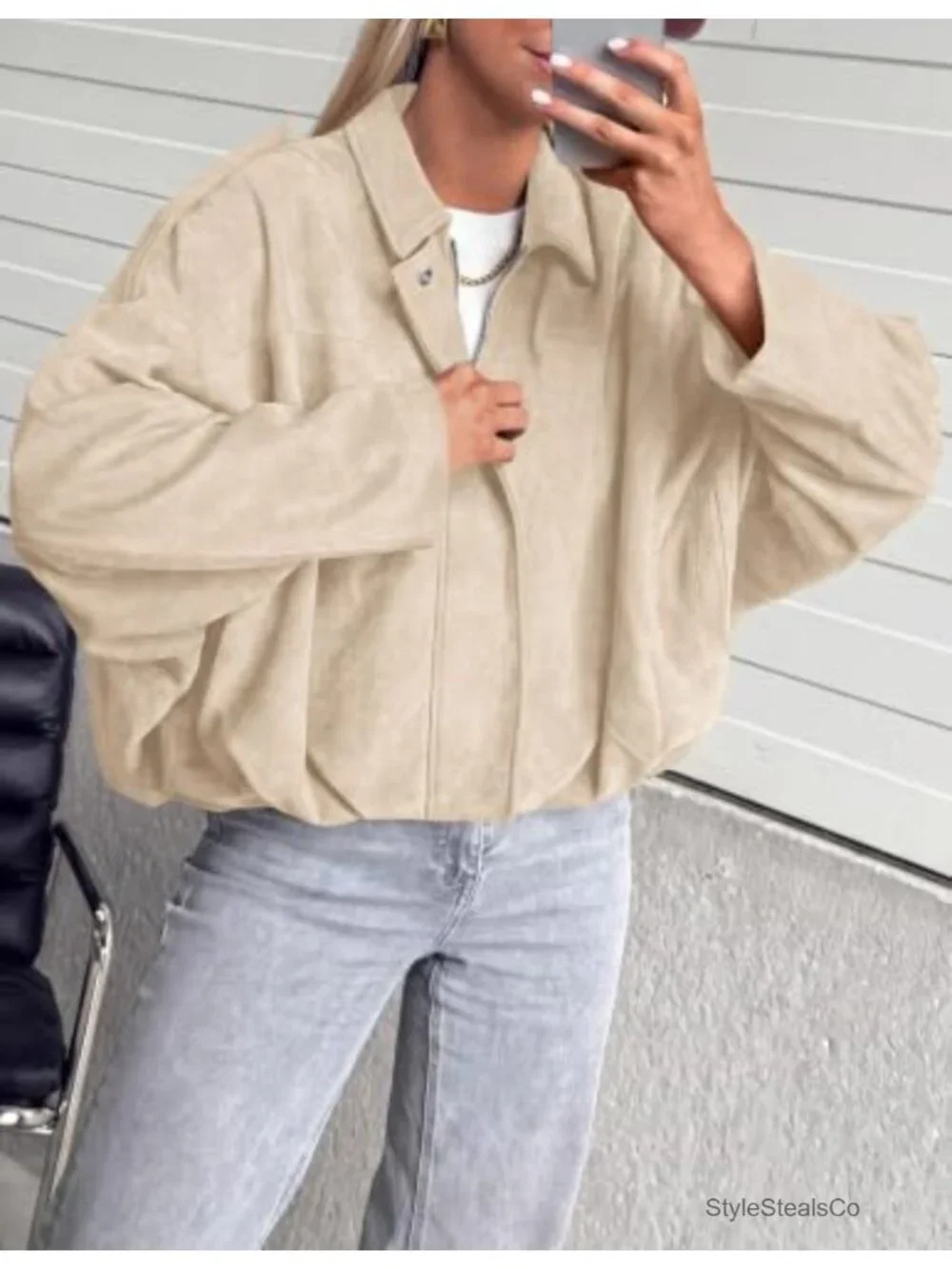 Faux Suede Cropped Bomber Jacket Women Oversized Zip Fall Winter